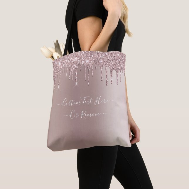Custom Text  Rose Gold Blush Glitter Sparkle Drips Tote Bag (Close Up)