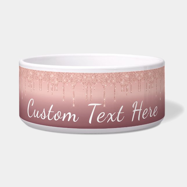 Custom Text Rose Gold Blush Glitter SPet Bowls (Front)