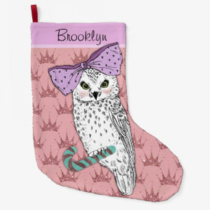 Custom Text / Rose Gold Glitter Blush Pastel Owl Large Christmas Stocking