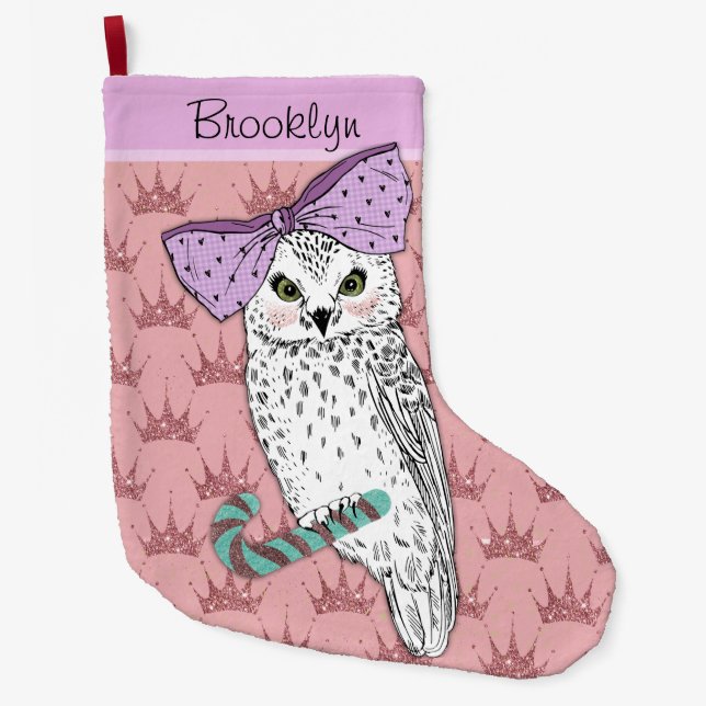 Custom Text / Rose Gold Glitter Blush Pastel Owl Large Christmas Stocking (Front)