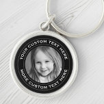 Custom text round photo black border key ring<br><div class="desc">Round keychain with your custom photo and text inside a black border with two dark gray lines. Change fonts and colors,  move and resize elements with the design tool.</div>