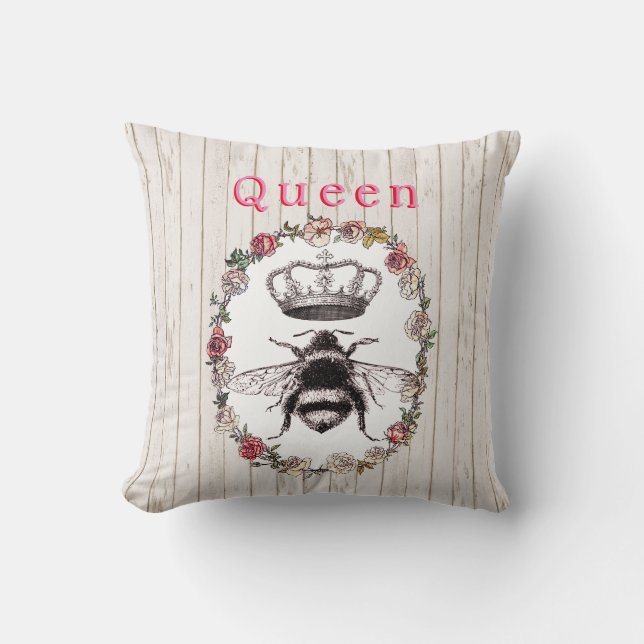 Custom Text/ Rustic Wood Country Wreath Crown Bee Cushion (Front)