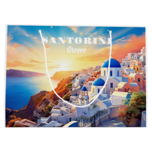 Custom Text Santorini Greece Sunset Large Gift Bag