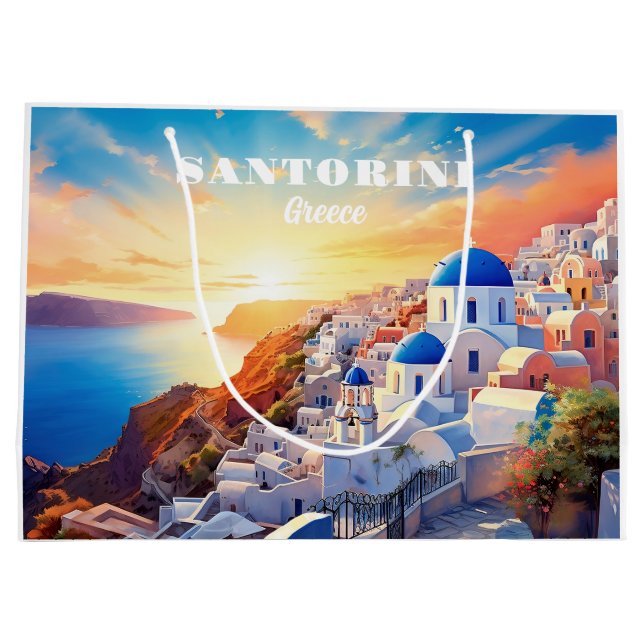 Custom Text Santorini Greece Sunset Large Gift Bag (Back)