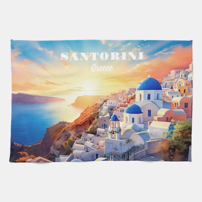 Custom Text Santorini Greece Sunset Tea Towel (Horizontal)