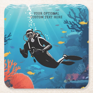 Custom Text Scuba Diver Square Paper Coaster