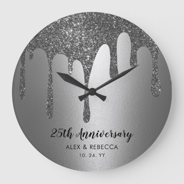 Custom Text Silver Drips 25th Wedding Anniversary Large Clock (Front)