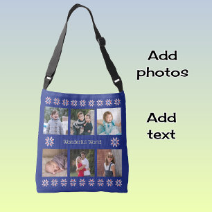 Custom text six photos winter flowers navy crossbody bag