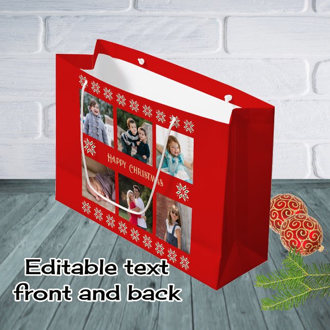 Custom text six photos winter flowers red large gift bag (Creator Uploaded)