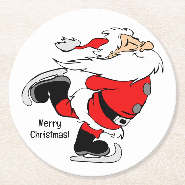 Custom Text Skating Santa Round Paper Coaster (Front)