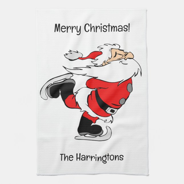 Custom Text Skating Santa Tea Towel (Vertical)