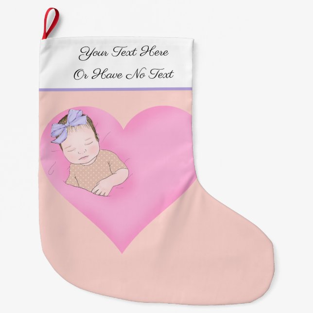 Custom Text | Sleeping Baby Love Pink Heart  Large Christmas Stocking (Front)