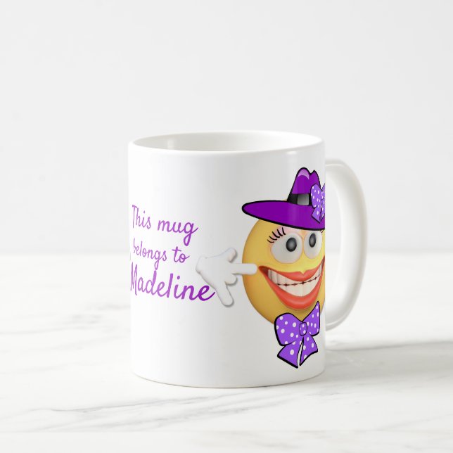 Custom Text  Smiling Emoji in Hat with Bows Coffee Mug (Front Right)