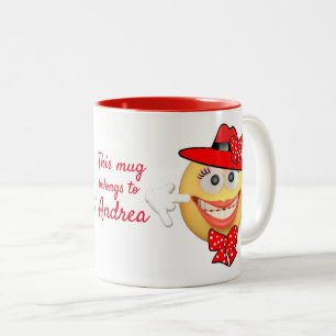 Custom Text Smiling Emoji in Red Hat with Bows Two-Tone Coffee Mug
