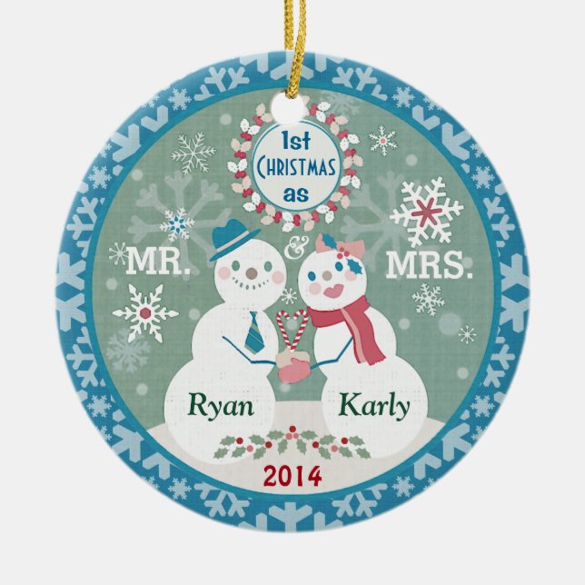 Custom Text Snowman Couple's First Christmas Ceramic Tree Decoration (Front)