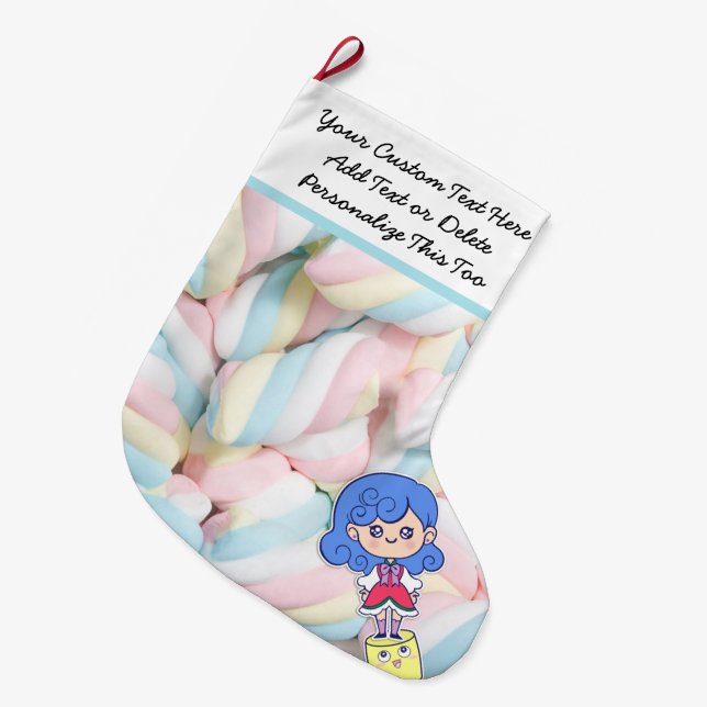Custom Text. Sweet Treats Pastel Kawaii Candy Large Christmas Stocking (Front (Hanging))