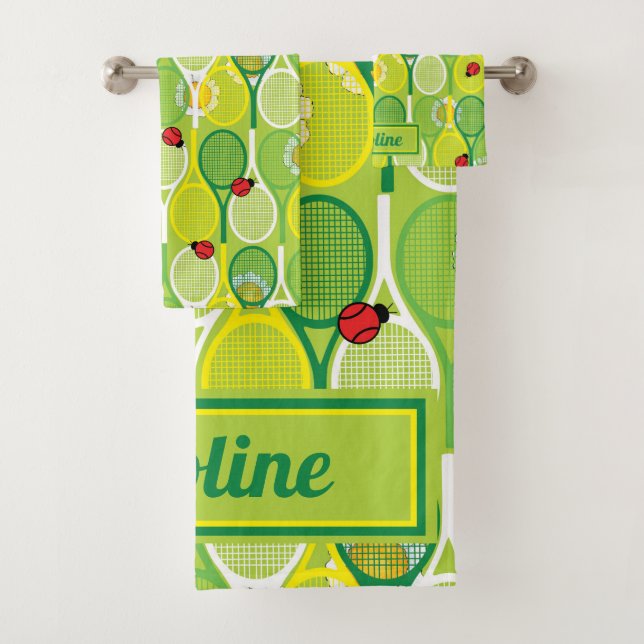 Custom text - tennis rackets with ladybirds  bath towel set (Insitu)