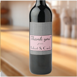 Custom Text, Thank You, Vintage Pink Houndstooth Wine Label