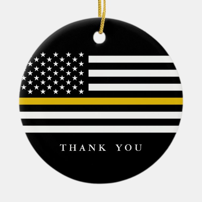 Custom Text Thin Gold Line Patriotic Flag Ceramic Tree Decoration (Front)
