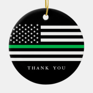Custom Text Thin Green Line Patriotic Flag Ceramic Tree Decoration