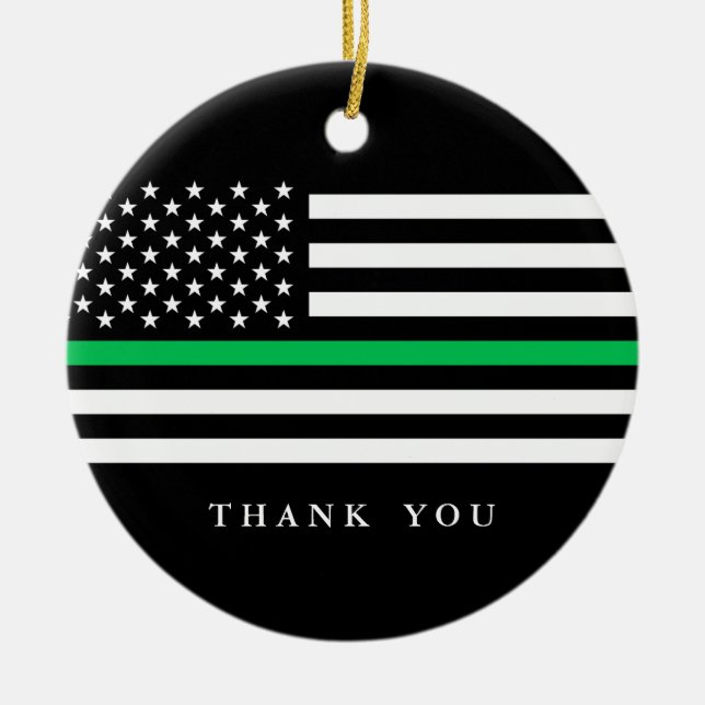 Custom Text Thin Green Line Patriotic Flag Ceramic Tree Decoration (Front)