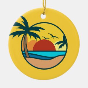 Custom Text Tropical Beach Sunset Ceramic Tree Decoration