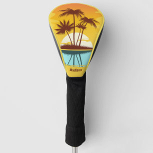 Custom Text Tropical Island Sunset Golf Head Cover