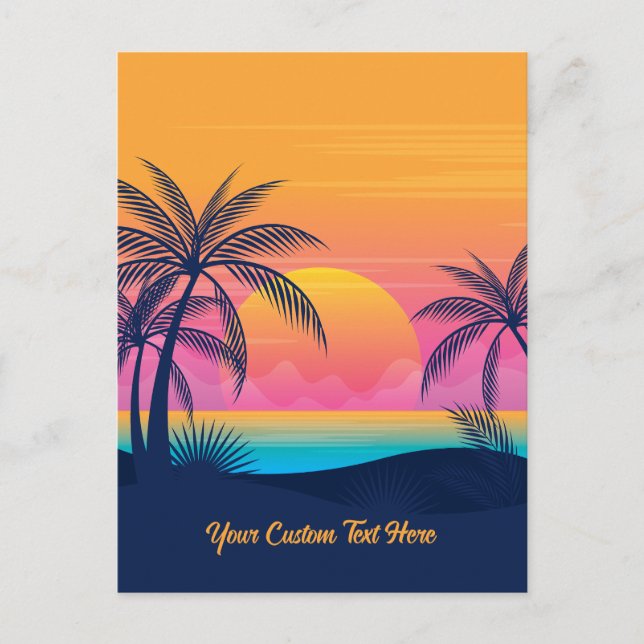 Custom Text Tropical Island Sunset Postcard (Front)