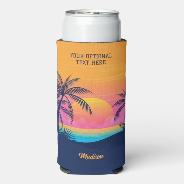 Custom Text Tropical Island Sunset Seltzer Can Cooler (Seltzer Back)