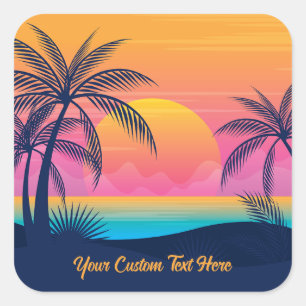 Custom Text Tropical Island Sunset Square Sticker
