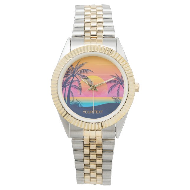Custom Text Tropical Island Sunset Watch (Front)