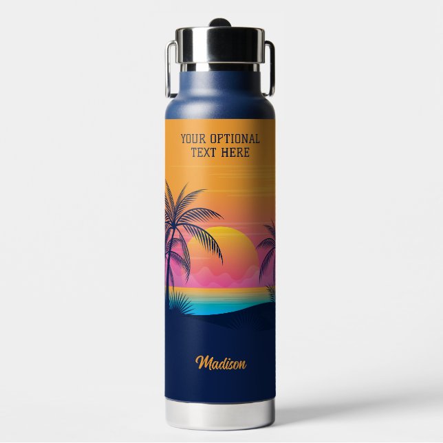 Custom Text Tropical Island Sunset Water Bottle (Front)