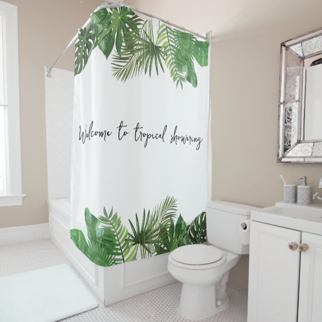 Custom text Tropical leaf Summer feeling greenery Shower Curtain (In Situ)