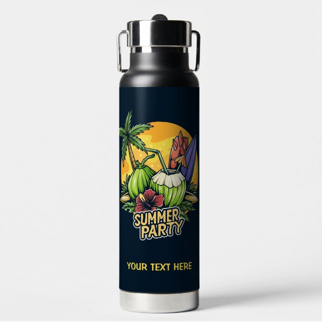 Custom Text Tropical Summer Party Water Bottle (Front)