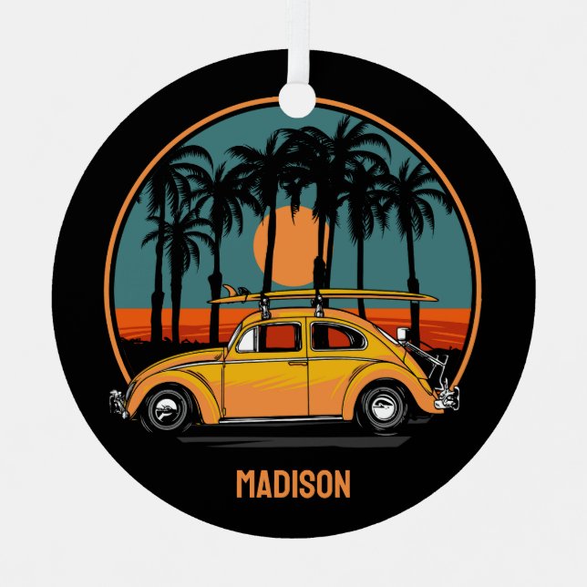 Custom Text Tropical Surfer Sunset Metal Tree Decoration (Front)