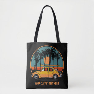 Custom Text Tropical Surfer Sunset Tote Bag