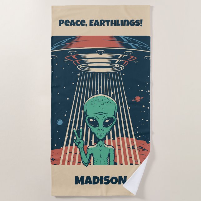 Custom Text UFO Alien Beach Towel (Front)