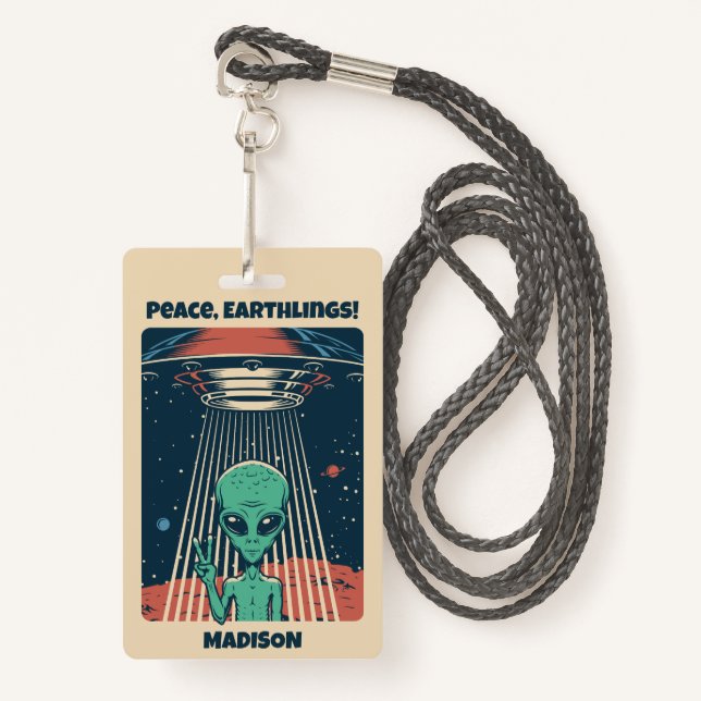 Custom Text UFO Alien ID Badge (Front with Lanyard)