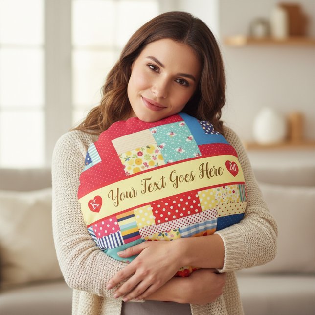 Custom Text Valentine’s Day | Colourful Patchwork  Round Cushion (Creator Uploaded)