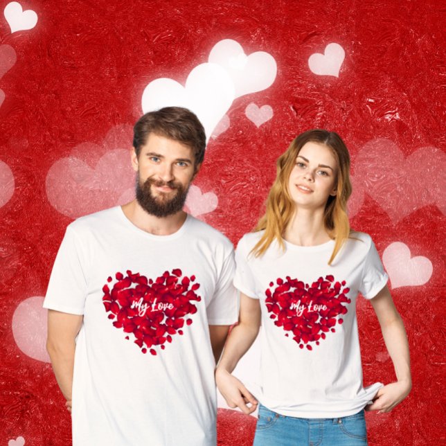 Custom Text Valentines Red Rose Heart Shape Couple T-Shirt (Creator Uploaded)