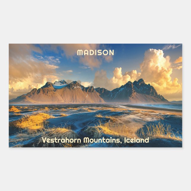 Custom Text Vestrahorn Mountains, Iceland Rectangular Sticker (Front)