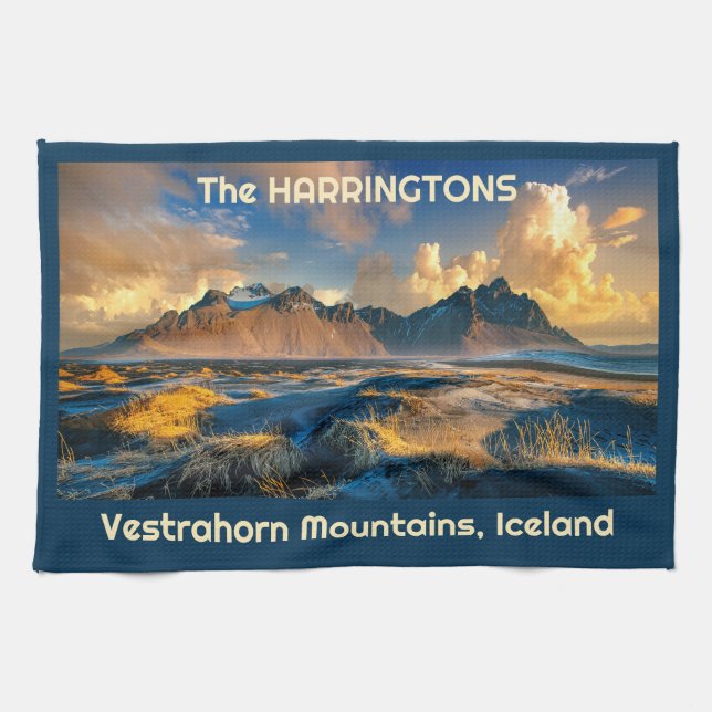 Custom Text Vestrahorn Mountains, Iceland Tea Towel (Horizontal)