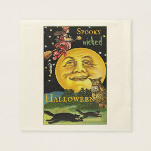 Custom Text Vintage Halloween Moon Watching Witch Napkin