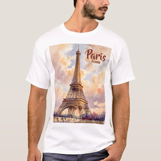 Custom Text Watercolor Eiffel Tower Sunset Travel T-Shirt (Front)