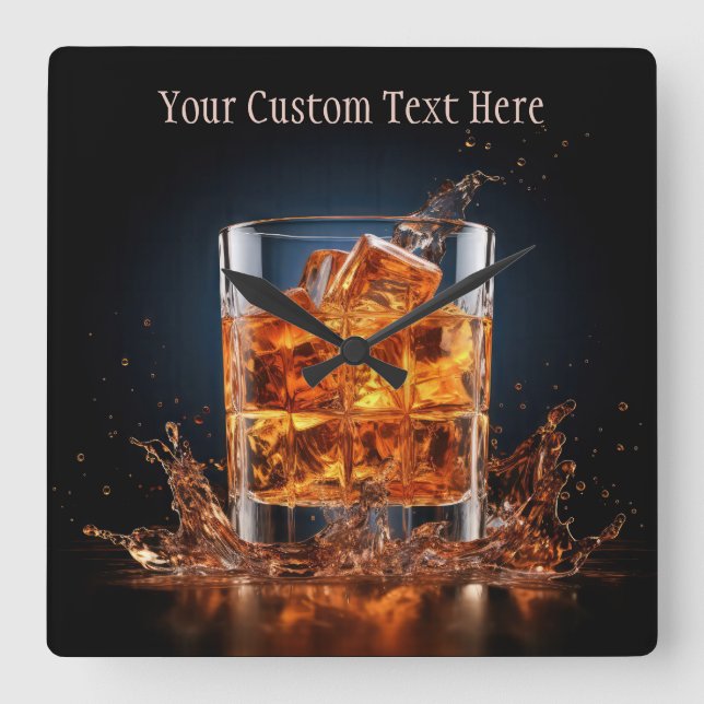 Custom Text Whiskey On The Rocks Square Wall Clock (Front)