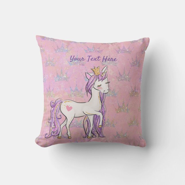 Custom Text/ White Unicorn Purple Pink Glitter Cushion (Front)