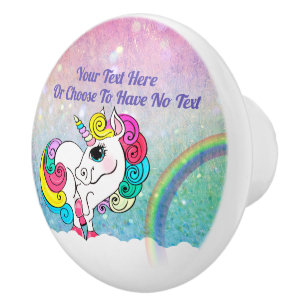 Custom Text/ White Unicorn Rainbow Glitter Sequins Ceramic Knob