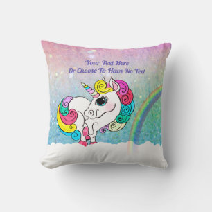 Custom Text/ White Unicorn Rainbow Glitter Sequins Cushion