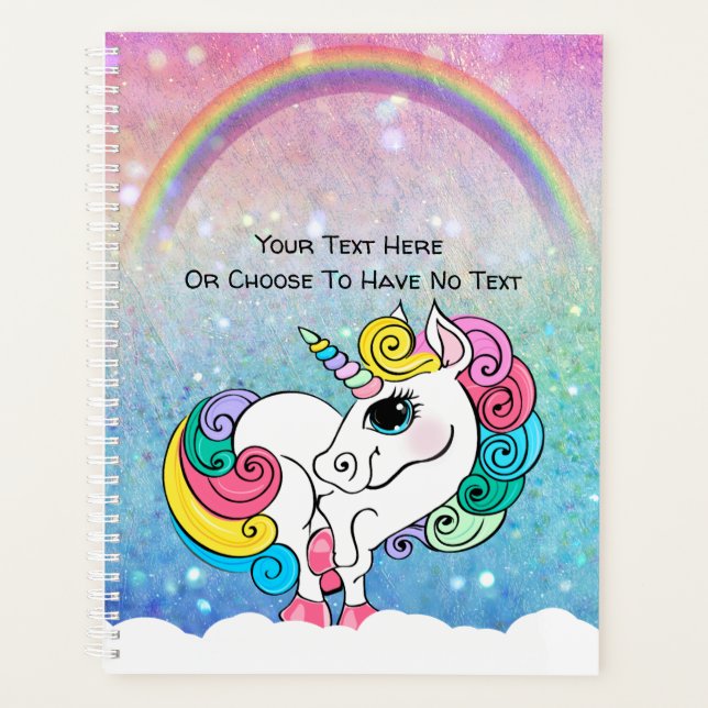 Custom Text/ White Unicorn Rainbow Glitter Sequins Planner (Front)