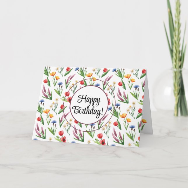 Custom Text | Wildflowers Happy Birthday Greeting Card (Front)